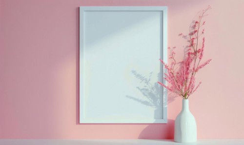 Flat background with blank poster mockup on pink wall AI generated