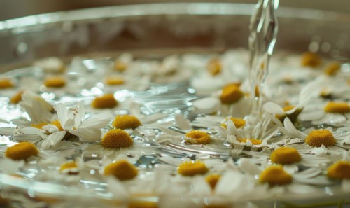 Close-up of chamomile flowers being distilled, nature beauty background AI generated