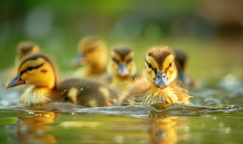 Ducklings swimming in a pond, close up view AI generated