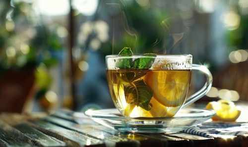 Herbal tea and lemon in a clear glass cup AI generated