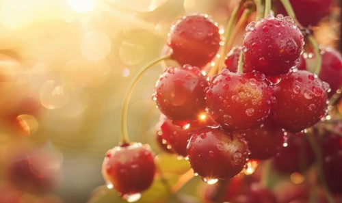 Close-up of a cluster of ripe cherries glistening in the sunlight AI generated