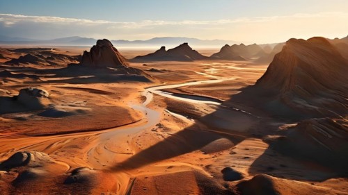 Patagonian desert landscape with powerful wind shaping landforms isolated rock formations, AI