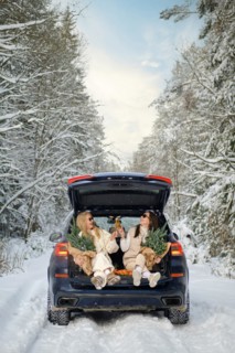 A happy couple is sitting in the trunk of a blue car with bouquets of fir branches, enjoying cozy