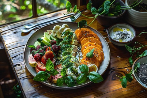 Vibrant smoothie bowl with a variety of fruits, topped with chia seeds, and mint on a wooden table,