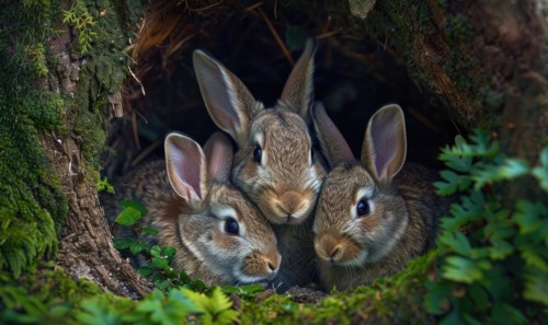 A bunny family nestled together in a cozy burrow AI generated