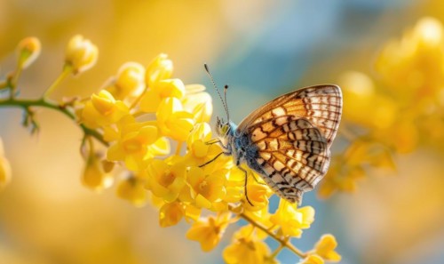A close-up of a butterfly resting on a laburnum blossom AI generated