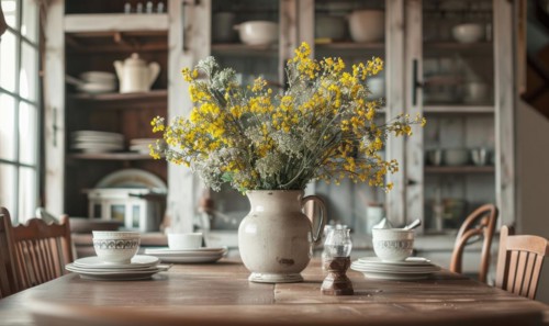 A dreamy bedroom setting with a vase of Mimosa flowers placed on a bedside table AI generated