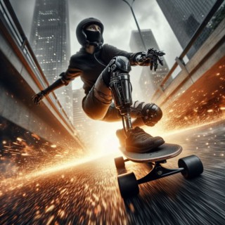 A person with a bionic leg skateboarding on an urban street with sparks flying around, AI generated