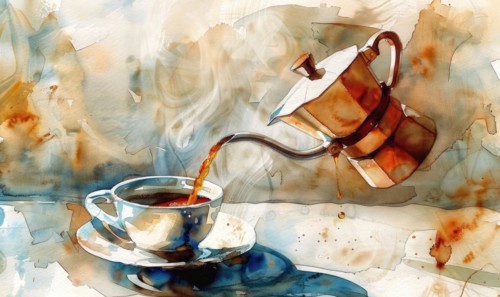 Watercolor illustration of a vintage coffee pot pouring coffee into a cup AI generated