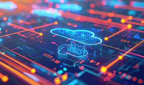 Cloud computing background with server racks and digital data streams AI generated