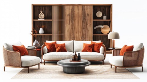Modern living room with wooden bookshelf, white sofa, armchairs, and decorative objects, ai