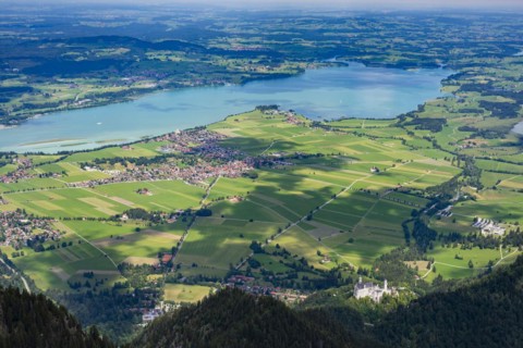Panorama from Saeuling, 2047m, on Neuschwanstein Castle, Ostallgaeu, Bavaria, Germany, Europe