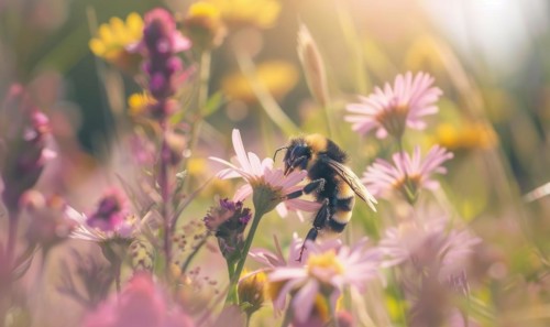 Bumblebee collecting pollen from flowers, closeup view, selective focus AI generated