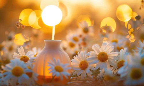 Chamomile essential oil diffuser in a cozy room, aromatherapy AI generated