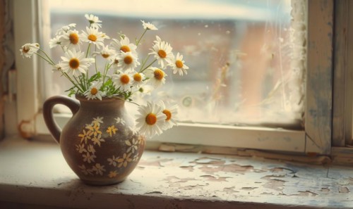 Daisies in a vintage vase on a windowsill AI generated