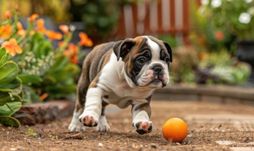 Playful bulldog puppy chasing a ball in a backyard garden AI generated