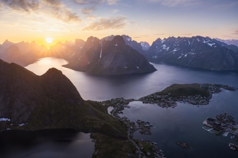 Mountain landscape, view from Reinebringen mountain to the village of Reine and Gravdalsbukta