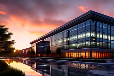Modern hospital at dawn glass surfaces mirroring early morning sky, AI generated, modern,