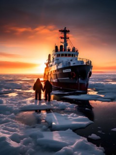 Icebreaker ship carving a path through thick ice of the polar region, AI generated