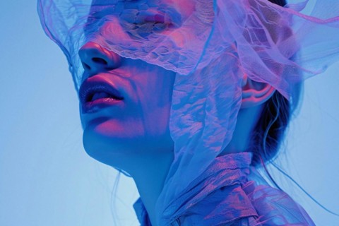 A close-up of a woman's face filtered in blue tones with lace partially covering it, AI generated