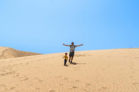Father and son enjoying going down the dunes of Maspalomas, Gran Canaria, Canary Islands