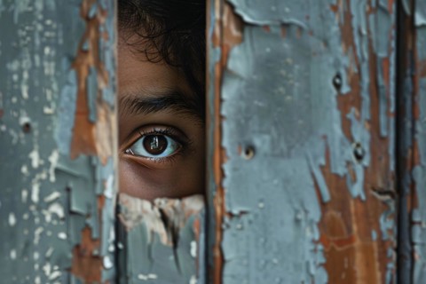 Close up of child peeking through hole in wooden wall. KI generiert, generiert, AI generated