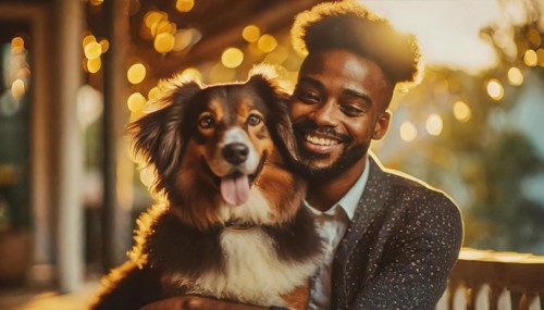 A man and his dog are smiling for the camera. The man is wearing casual the dog is wearing a collar
