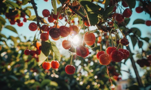 Ripe cherries dangling temptingly from the branches of a cherry tree in a vibrant garden AI