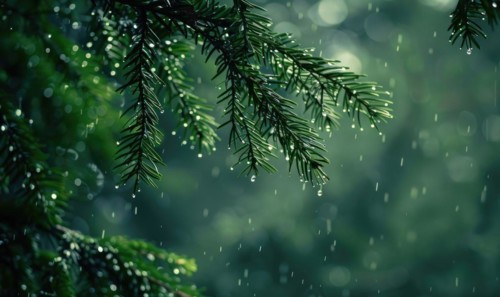Closeup view on cedar branch in rain drops, bokeh background AI generated