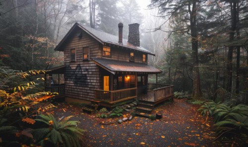 A cozy cabin nestled in a lush forest, surrounded by mist and raindrops glistening on the leaves AI
