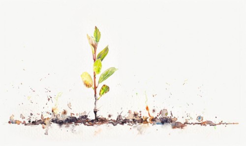 Watercolor illustration of a small tree sprout emerging from the ground AI generated