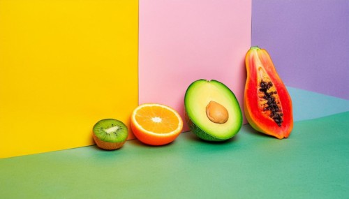 Still life of fruits with a pop art style and geometric pastel color background, horizontal, AI