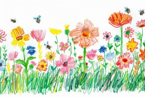 Flower meadow with bees, drawing with coloured pencils by a child of preschool age, primary school