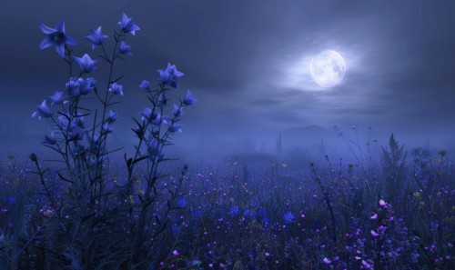 Bellflowers in a meadow under the moonlight, closeup view AI generated