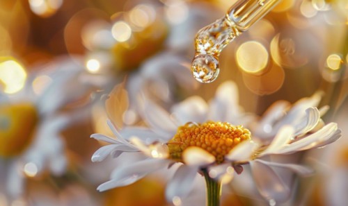 Chamomile essential oil droplets on chamomile flowers, nature beauty background AI generated