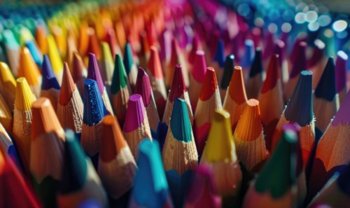An overhead shot of colored pencils arranged in a pattern, abstract background with colored pencils