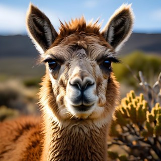 Guanaco standing on a solitary hill in the patagonian deserts sparsely vegetated landscape, AI