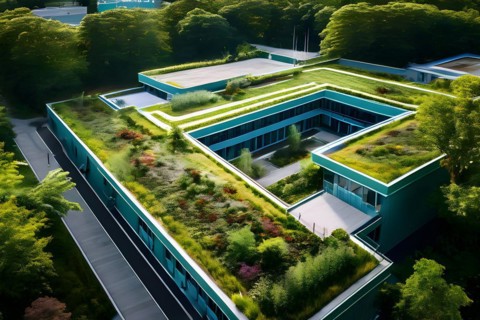 Aerial view of a modern hospitals green roof designed as a therapeutic garden, AI generated,