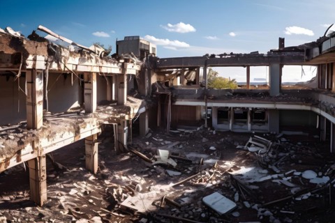 Neglected hospital section with collapsed roof elements, AI generated, hospital, damage, abandoned,