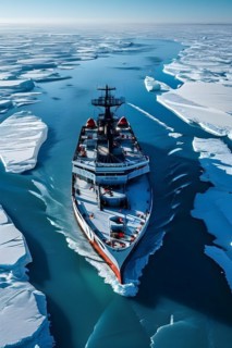 Aerial view of churned ice and open water trailing an icebreaker through pristine icy wilderness,