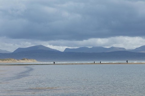 Beach, people, clouds, mountains, LLanddwyn Bay, Newborough, Isle of Anglesey, Wales, Great Britain