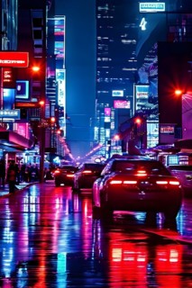 Nighttime cityscape main artery bustling with neon reflections on cars, AI generated