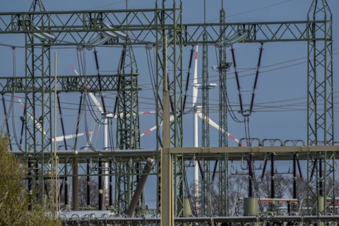 Stendal West substation with wind turbines in the background near Luederitz, Stendal,