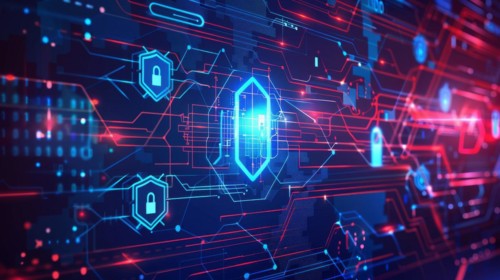 Futuristic network protection concept with a digital shield and circuit lines, ai generated, AI