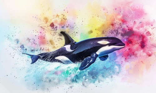 A watercolor depiction of an orca whale breaching the surface against a backdrop of vibrant ocean