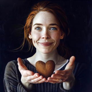 A young woman with freckles holds a heart and smiles gently, AI generated