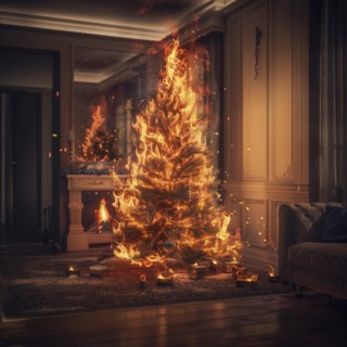 A Christmas tree in flames stands in a room in twilight, AI generated