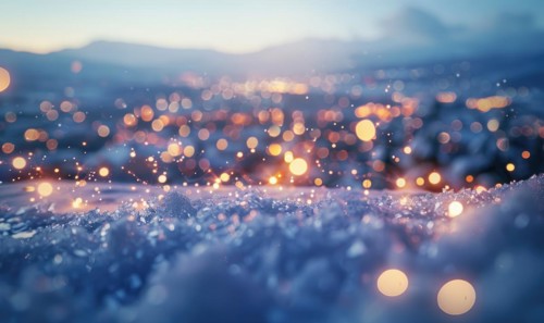 Bokeh lights sparkling against a snowy landscape, closeup view AI generated