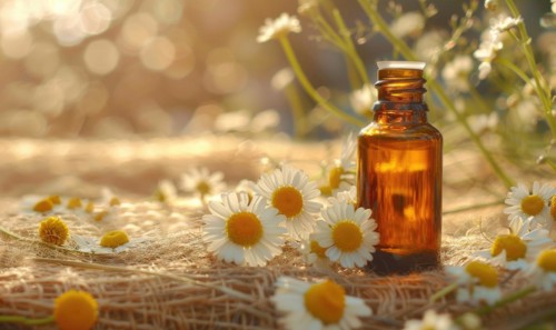 Chamomile essential oil in a dropper bottle, closeup view, skin care cosmetic background AI