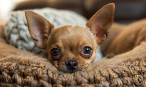 Small Chihuahua puppy peeking out from a cozy dog bed AI generated
